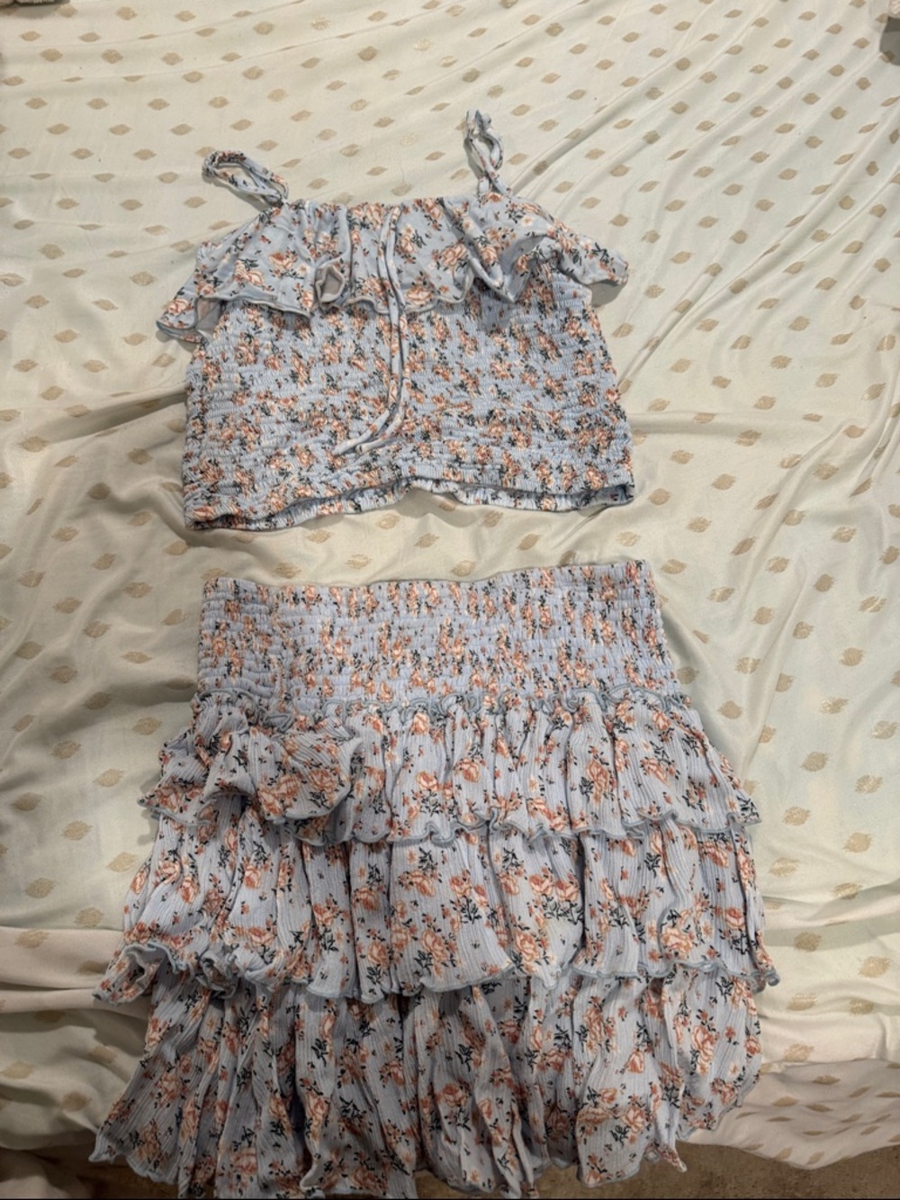 Girls Light Blue Floral Ruffle Matching Set - Two-Piece Outfit